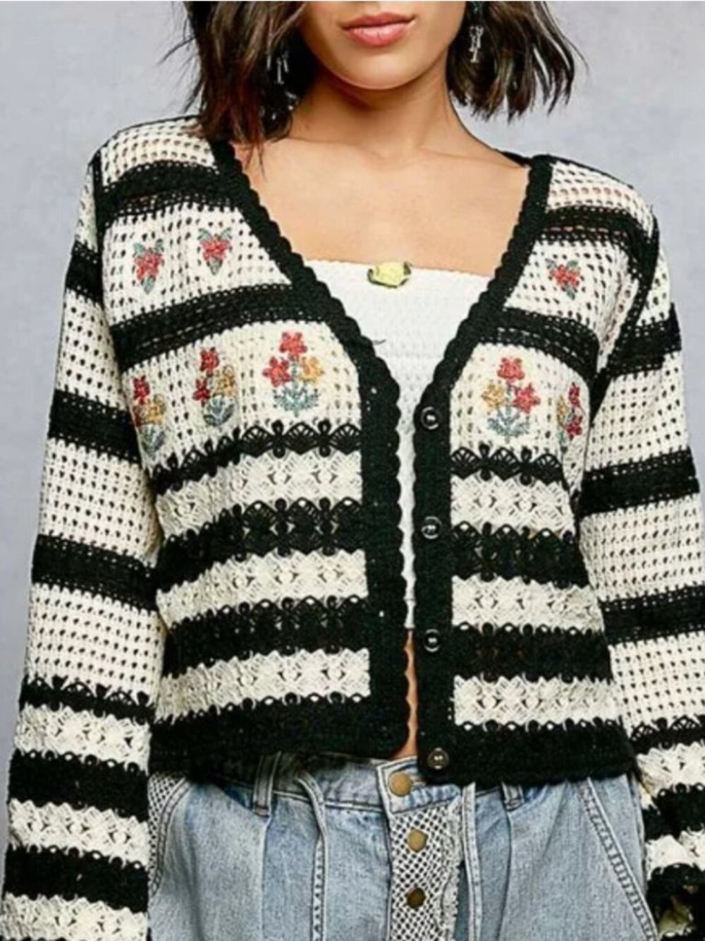 POL Black and Cream Striped Crochet Cardigan with Floral Embroidery - Picture 5 of 5